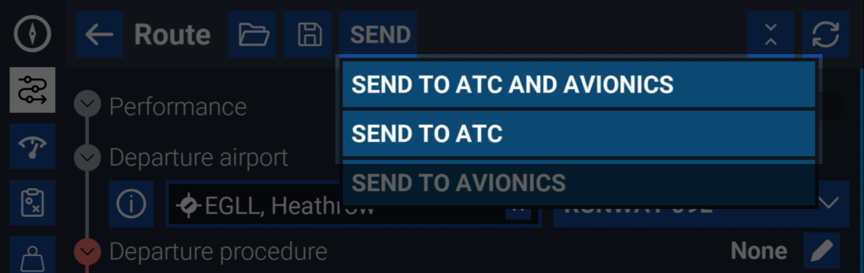 Send to ATC Options Send to Avionics Options
